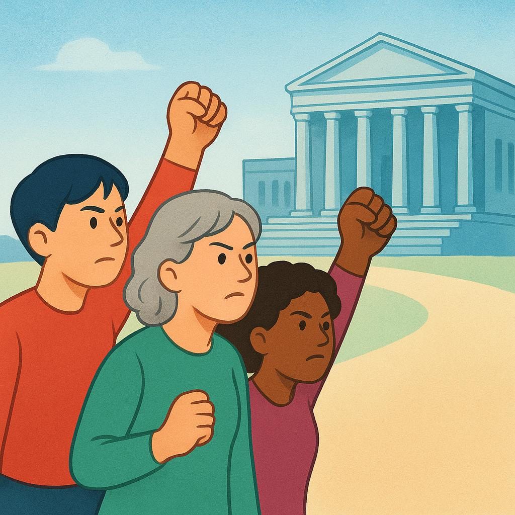 Three people standing together with determined expressions, raising their fists in unison towards a large building, symbolizing a strong demand.