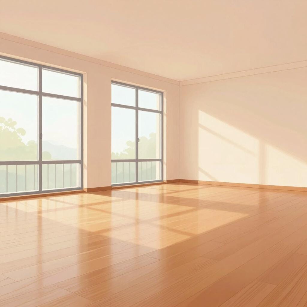 天井が高く、家具がほとんど置かれていない、床面積の広い、風通しの良いリビングルーム。