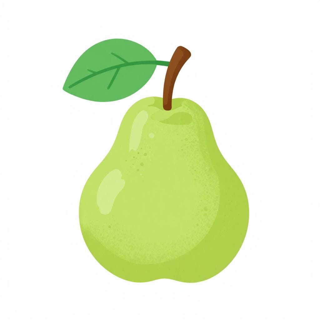 Une poire verte mûre avec une petite feuille sur sa tige.