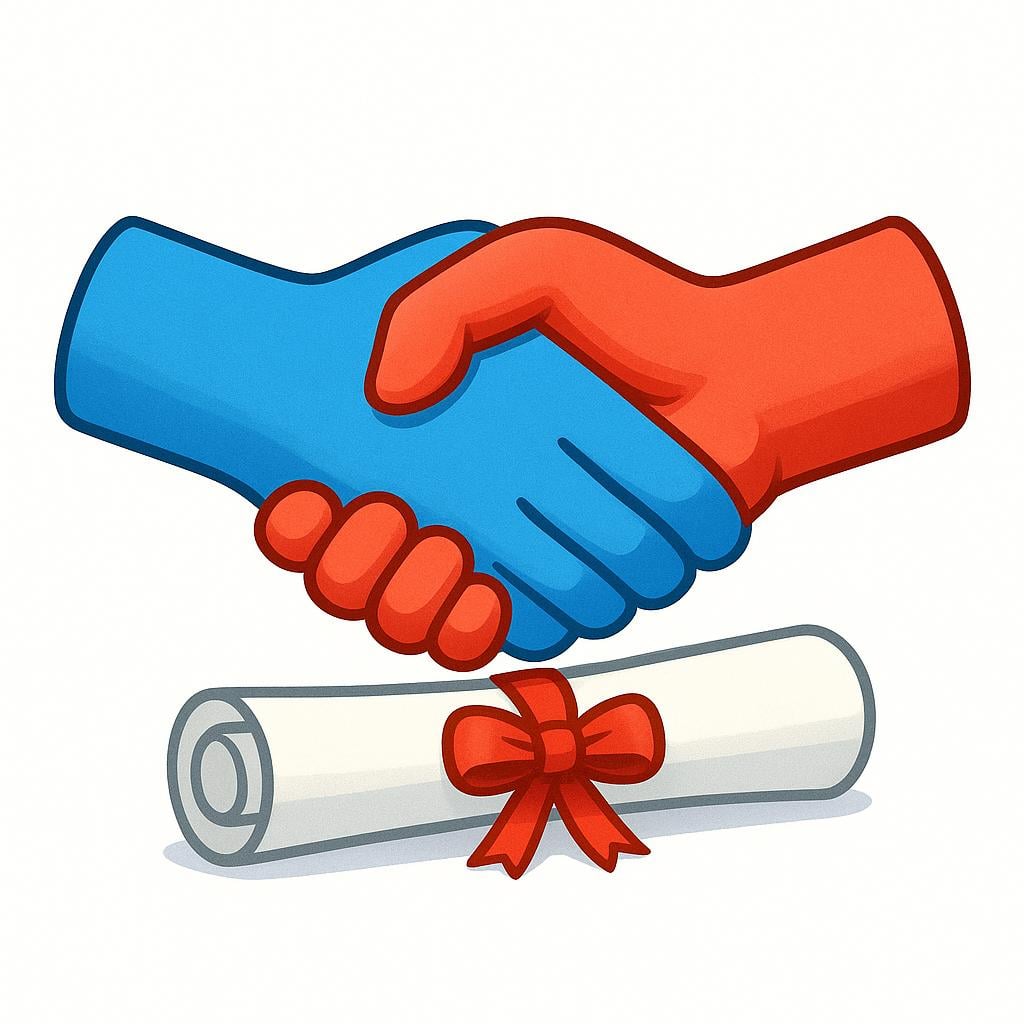 Two distinct cartoon hands, one blue and one red, shaking firmly over a simple white rolled-up scroll tied with a red ribbon, symbolizing concluding a treaty.