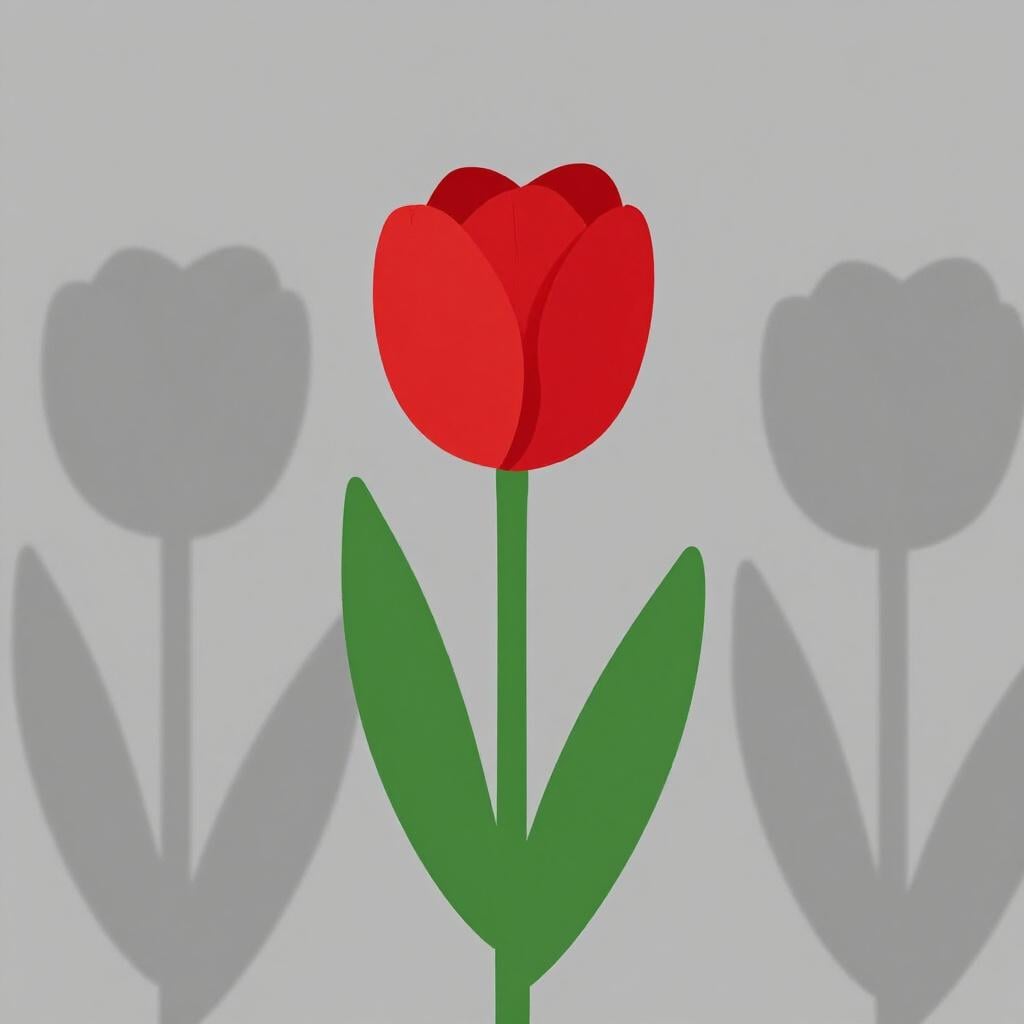 A single bright red flower standing out in a field of muted grey flowers.