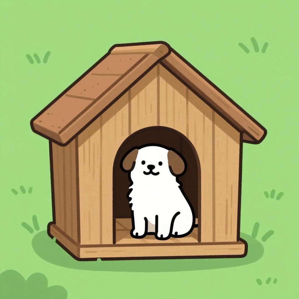 Um cão pequeno sentado dentro de uma casinha com a sua placa de nome, mostrando que pertence ali.