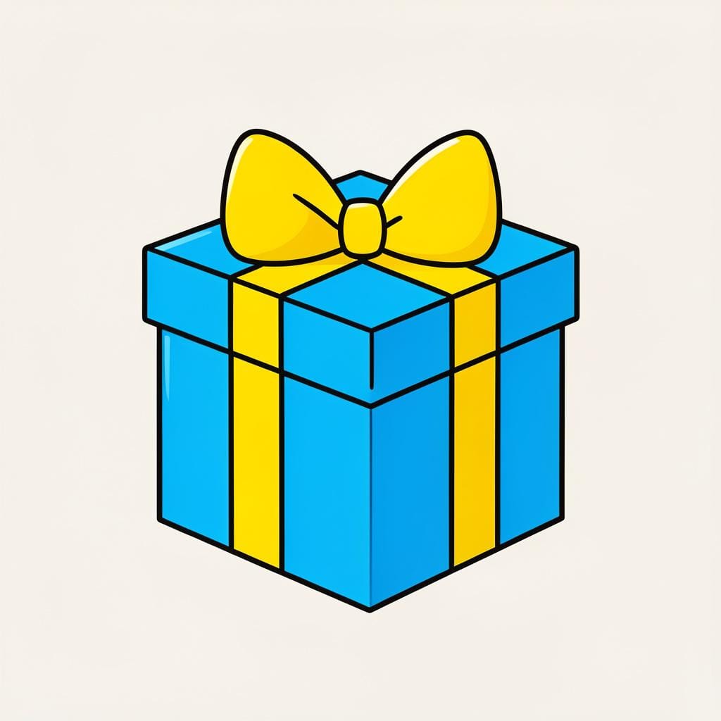 A colorful gift box completely covered in bright blue wrapping paper with a large yellow ribbon.