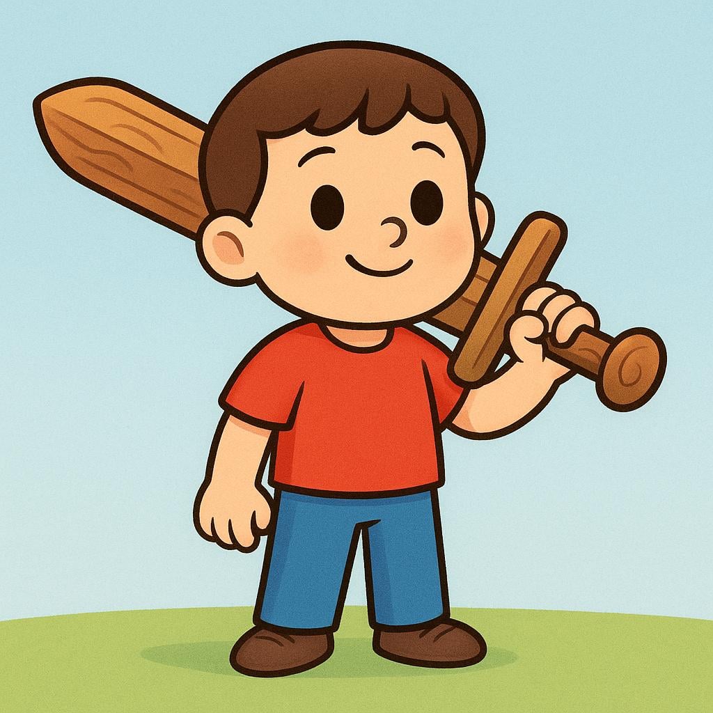 A simple cartoon character wearing a plain outfit holding a large, stylized wooden sword firmly in both hands.