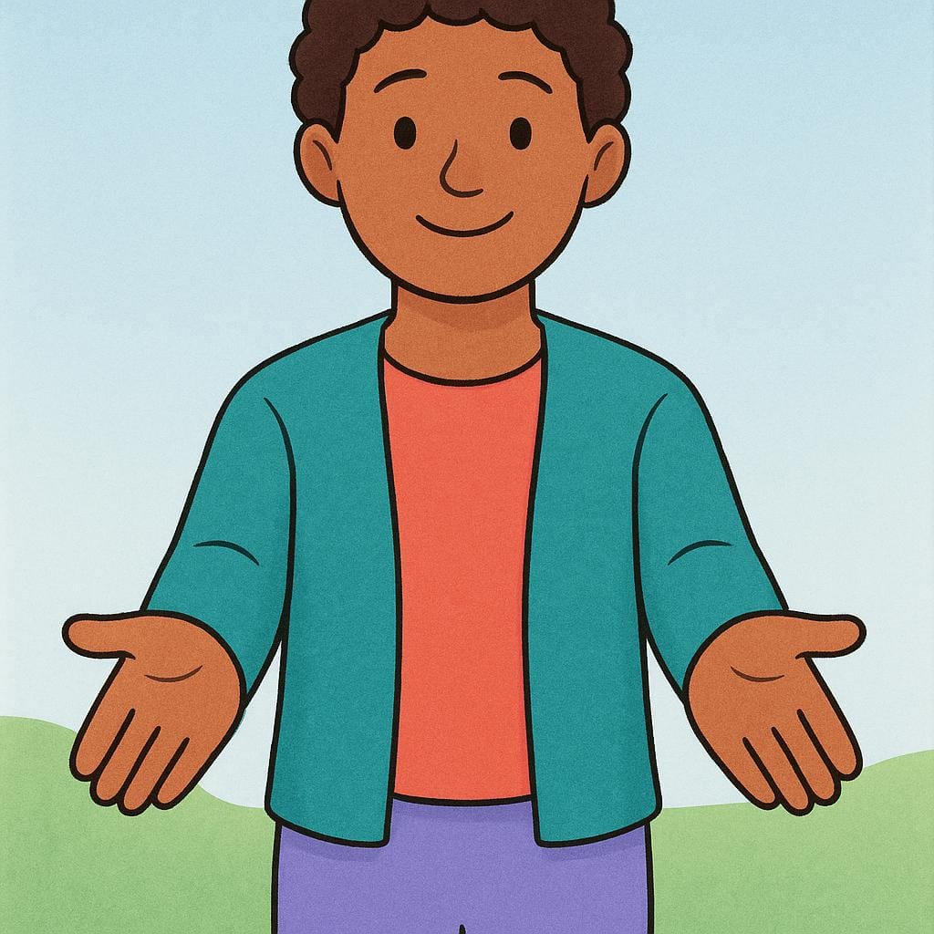 Uma figura em pé com os braços estendidos e as palmas abertas, simbolizando confiança e recetividade.