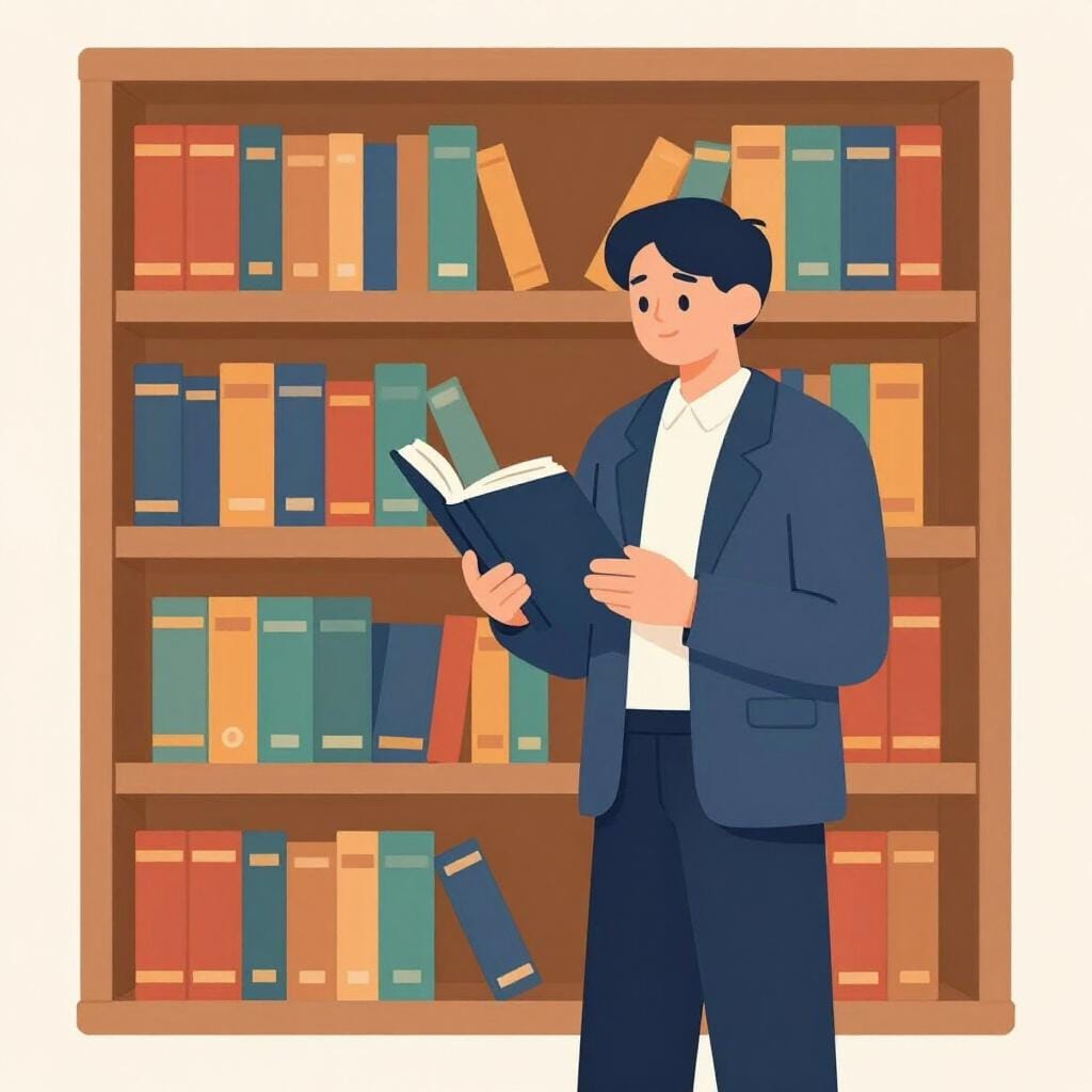 本でいっぱいの大きな木製の本棚の前で、プロフェッショナルなスーツを着た人が立っている様子。