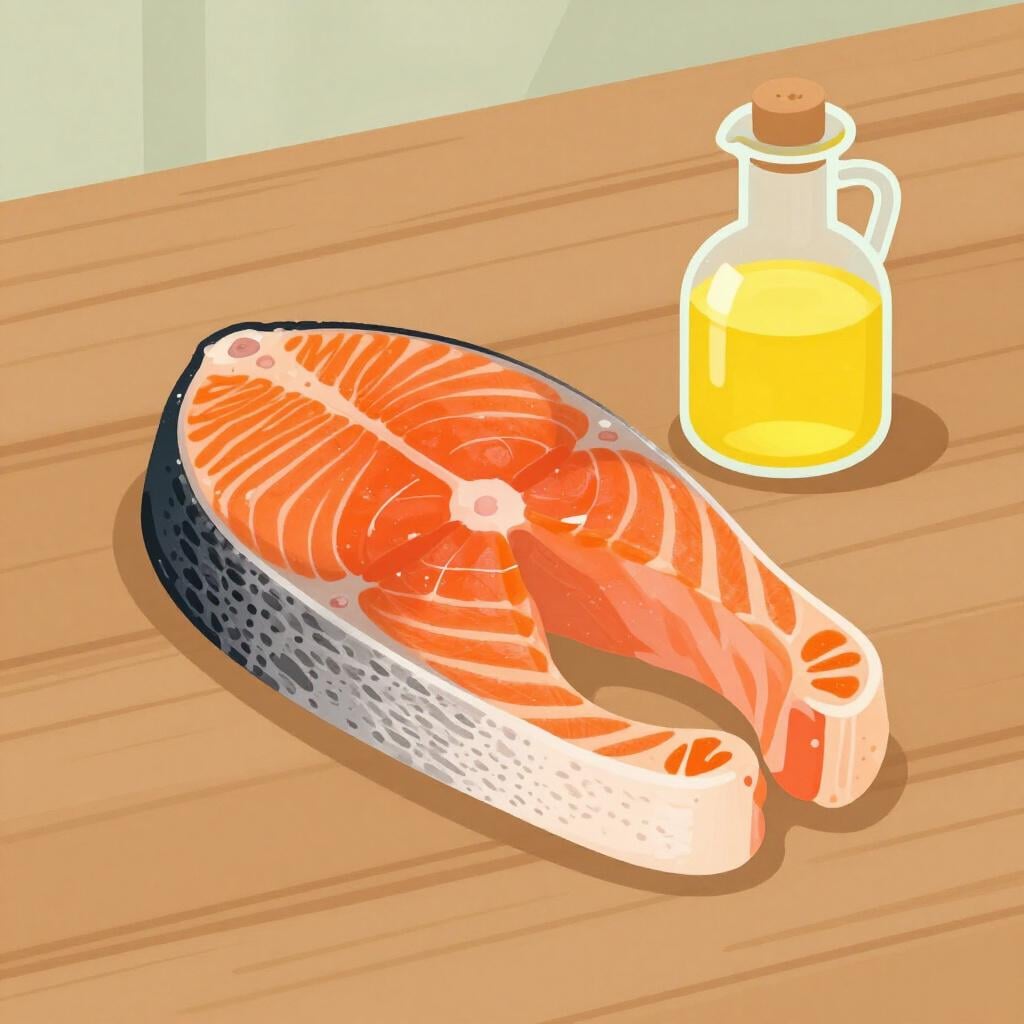 Ein frisches Lachsfilet neben einer kleinen Glasflasche mit goldenem Fischöl.