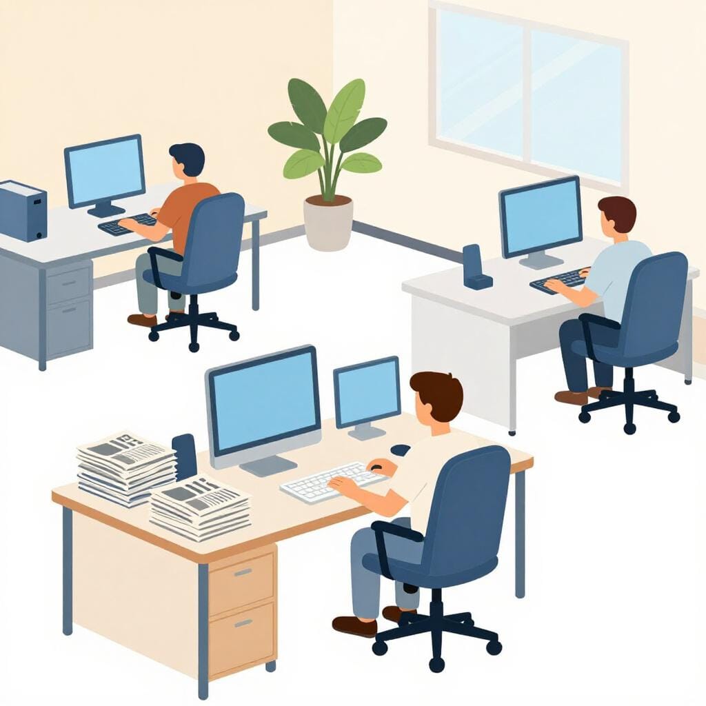 Ein helles Büro mit mehreren Schreibtischen, Computern und Zeitungsstapeln.
