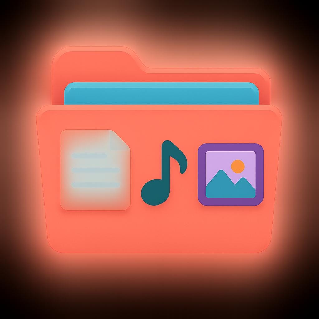 A simple, stylized open folder icon rendered in bright colors. Inside the folder are three smaller icons: a sheet of paper, a musical note, and a small picture frame, symbolizing various types of digital files.