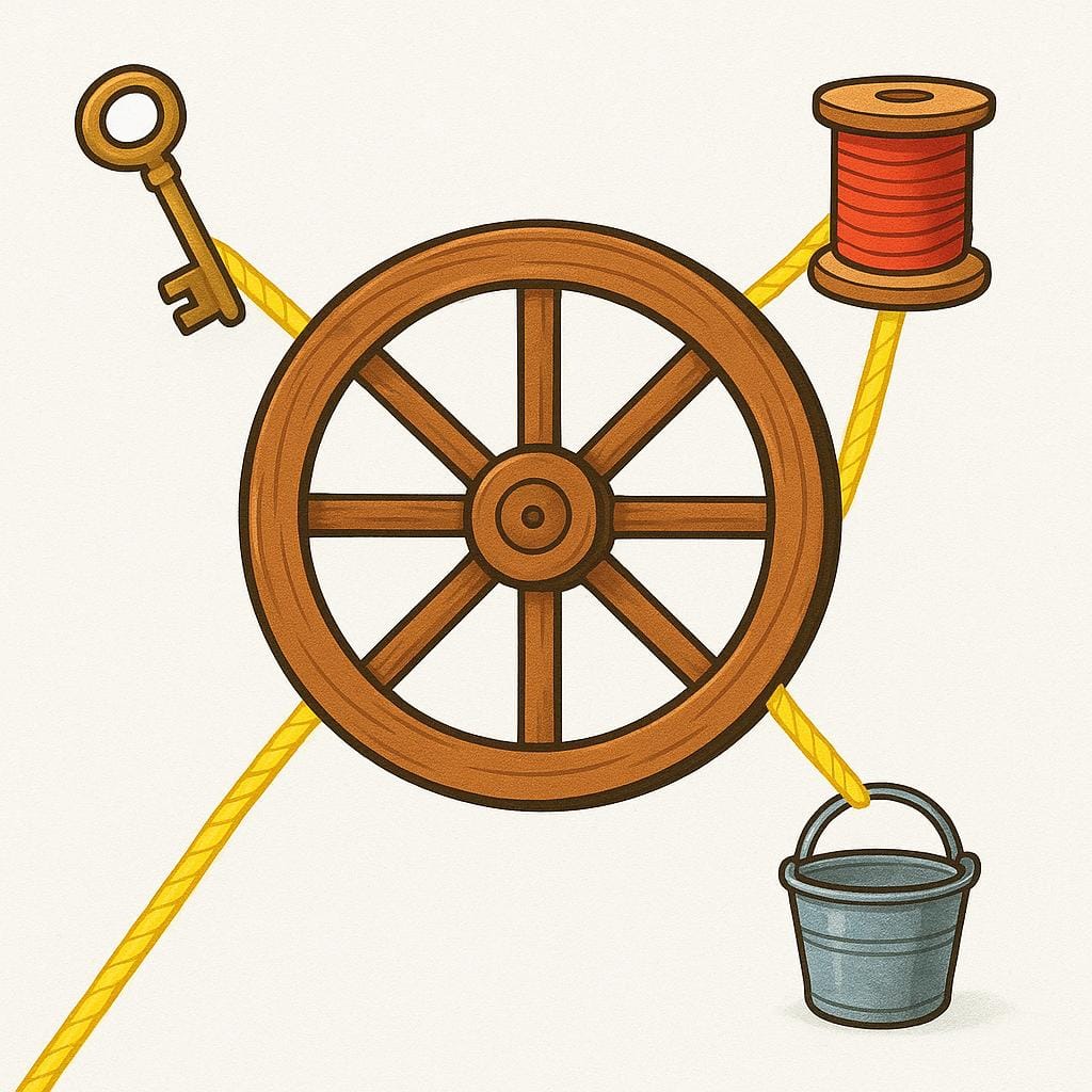 Un grand engrenage central relié par des chaînes visibles à trois engrenages plus petits et essentiels, illustrant que le mécanisme principal nécessitait ou impliquait ces composants.