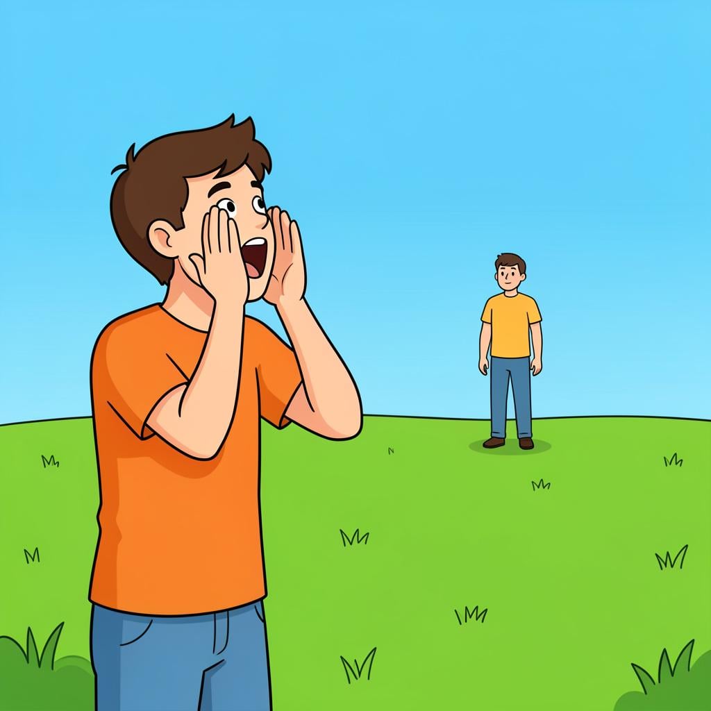A person standing in a sunny field, cupping their hands around their mouth to shout towards a man walking in the distance.