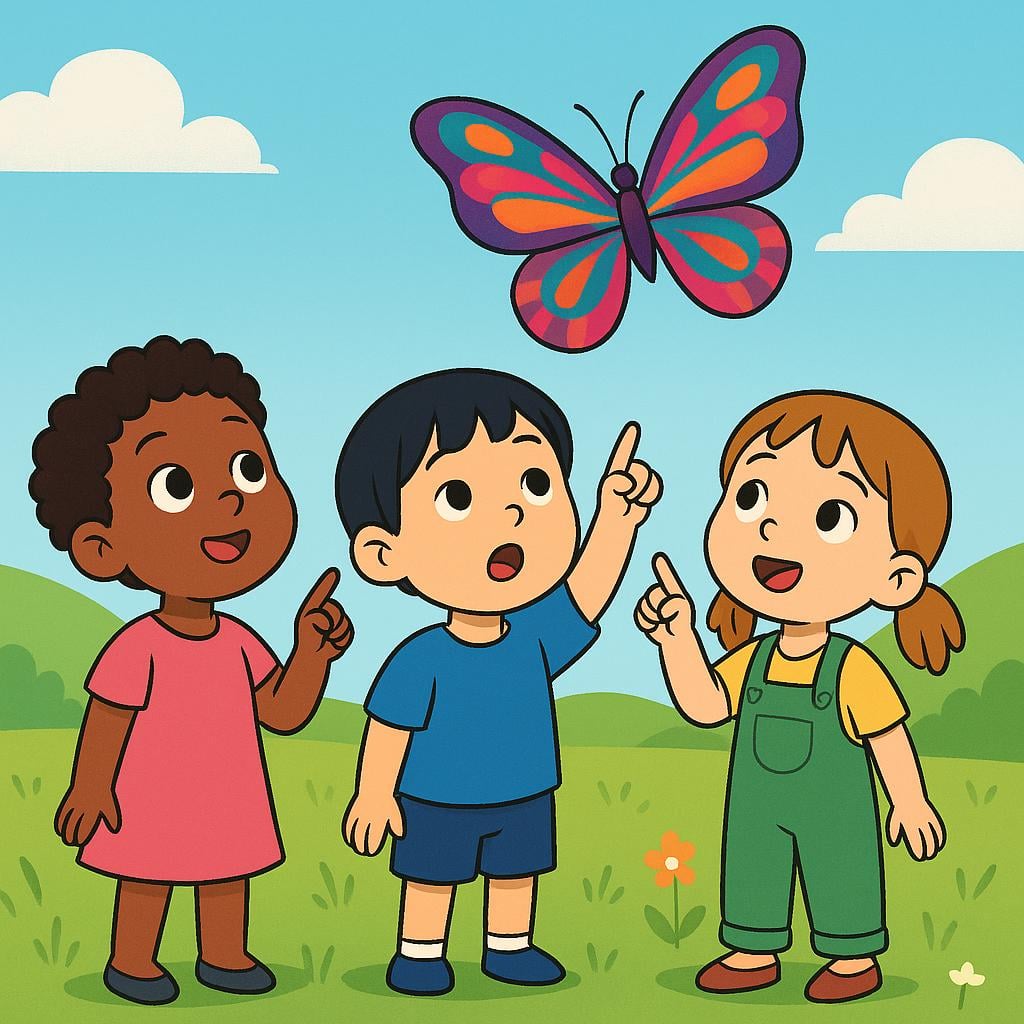 Three cartoon children standing in a sunny, green field, all pointing and looking up with wide eyes at a large, brightly colored butterfly flying high above them.