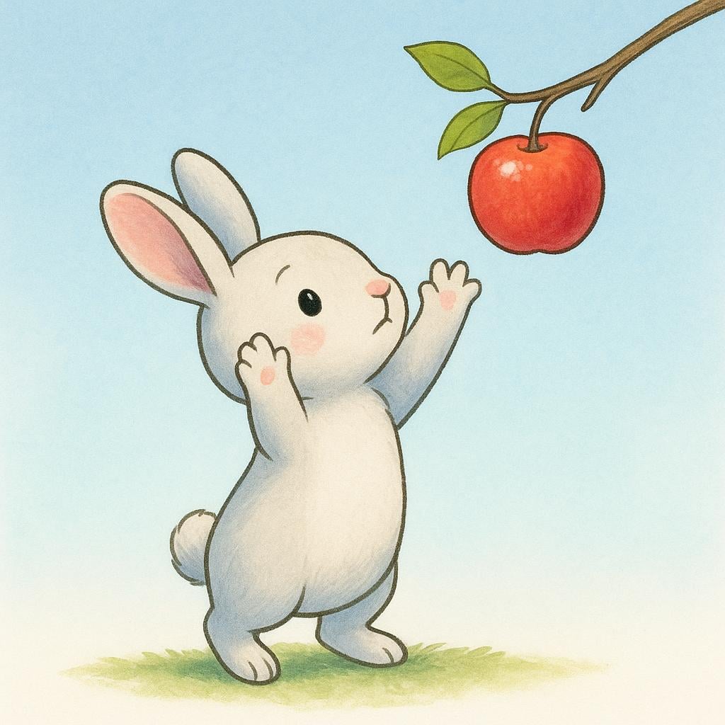 A small rabbit stretching high, trying to grab an apple from a tree branch.