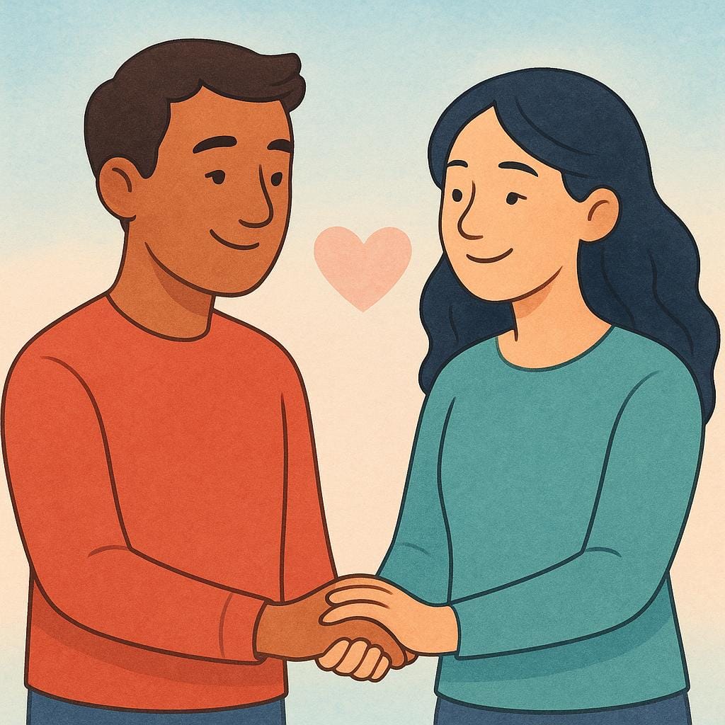 Une simple illustration de livre d'histoires montrant deux figures adultes, l'une légèrement plus grande que l'autre, se tenant la main affectueusement, symbolisant un couple ou des partenaires.