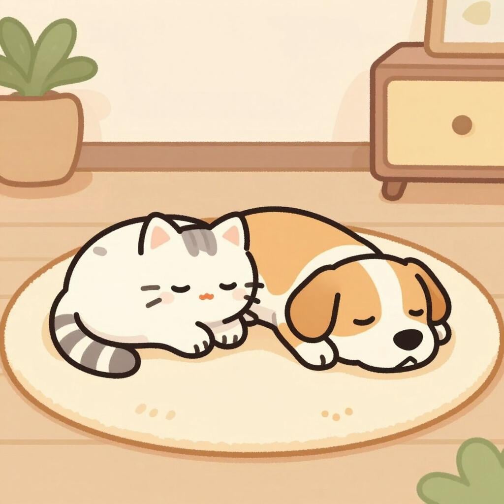 Un gatto amichevole e un cagnolino che dormono pacificamente insieme su un tappeto colorato.