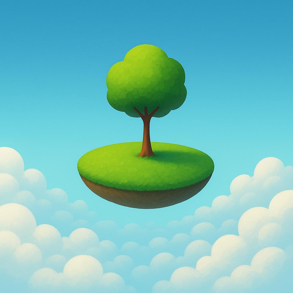 A single, small green island with a tree floats impossibly high above a layer of puffy white clouds, illustrating an unlikely or remote possibility.