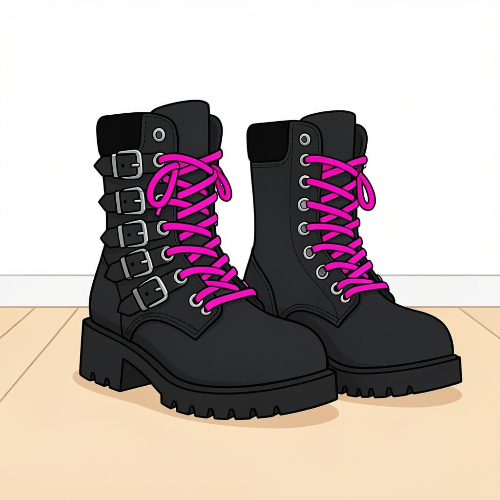 A pair of black boots with many buckles and neon pink laces.