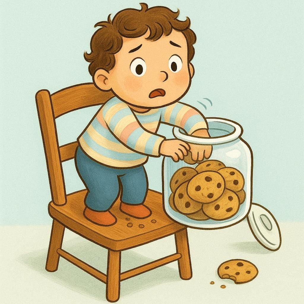 A small child standing precariously on a wooden chair, has their hand deep inside a large cookie jar and looks startled and guilty, having been discovered doing something bad.