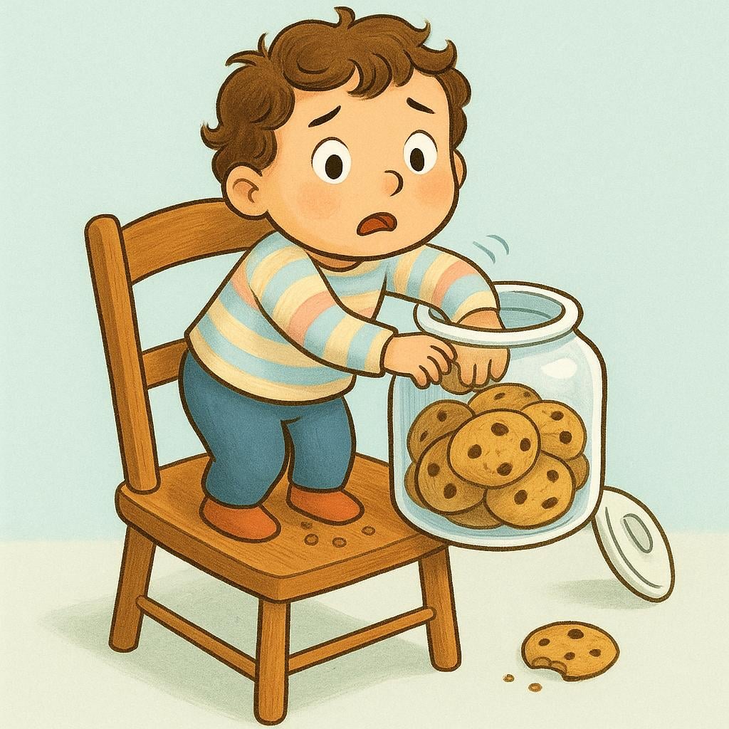 A small child standing precariously on a wooden chair, has their hand deep inside a large cookie jar and looks startled and guilty, having been discovered doing something bad.