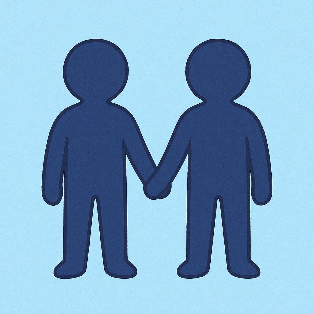 Een eenvoudige, niet-stereotiepe illustratie met twee identieke menselijke silhouetten die naast elkaar staan en elkaars hand vasthouden, tegen een effen achtergrond.