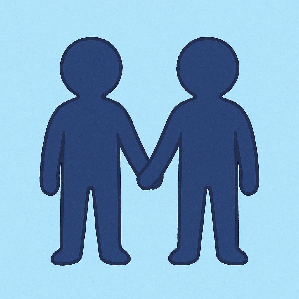 A simple, non-stereotypical illustration showing two identical human silhouettes standing side-by-side, holding hands, against a plain background.