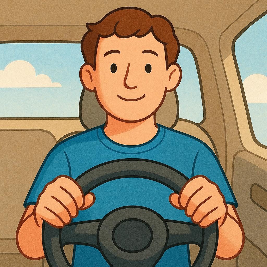 A person with short hair sitting in a car, holding the steering wheel and driving. The focus is on the action of operating the vehicle.