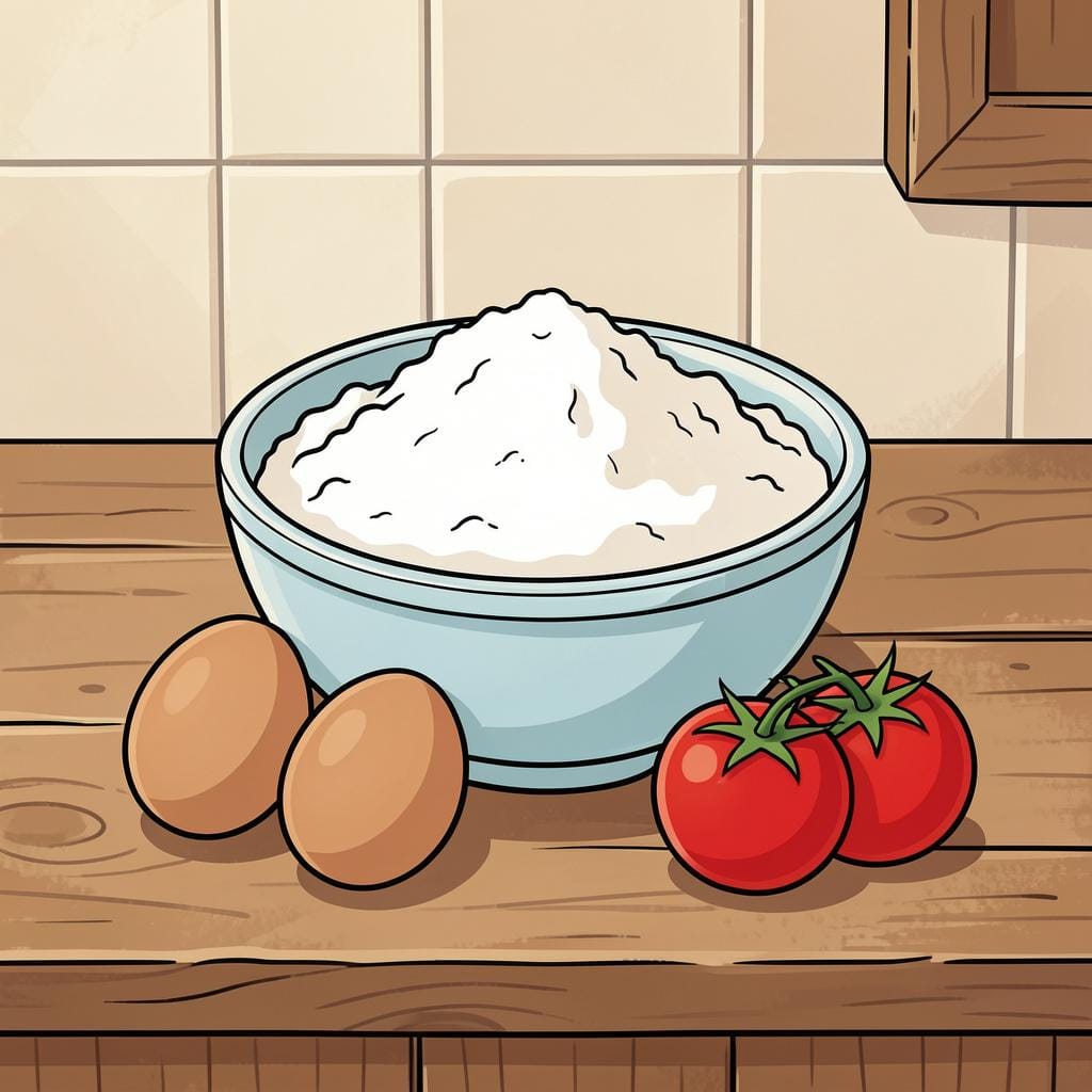 A collection of fresh food items like flour, eggs, and tomatoes on a wooden table.
