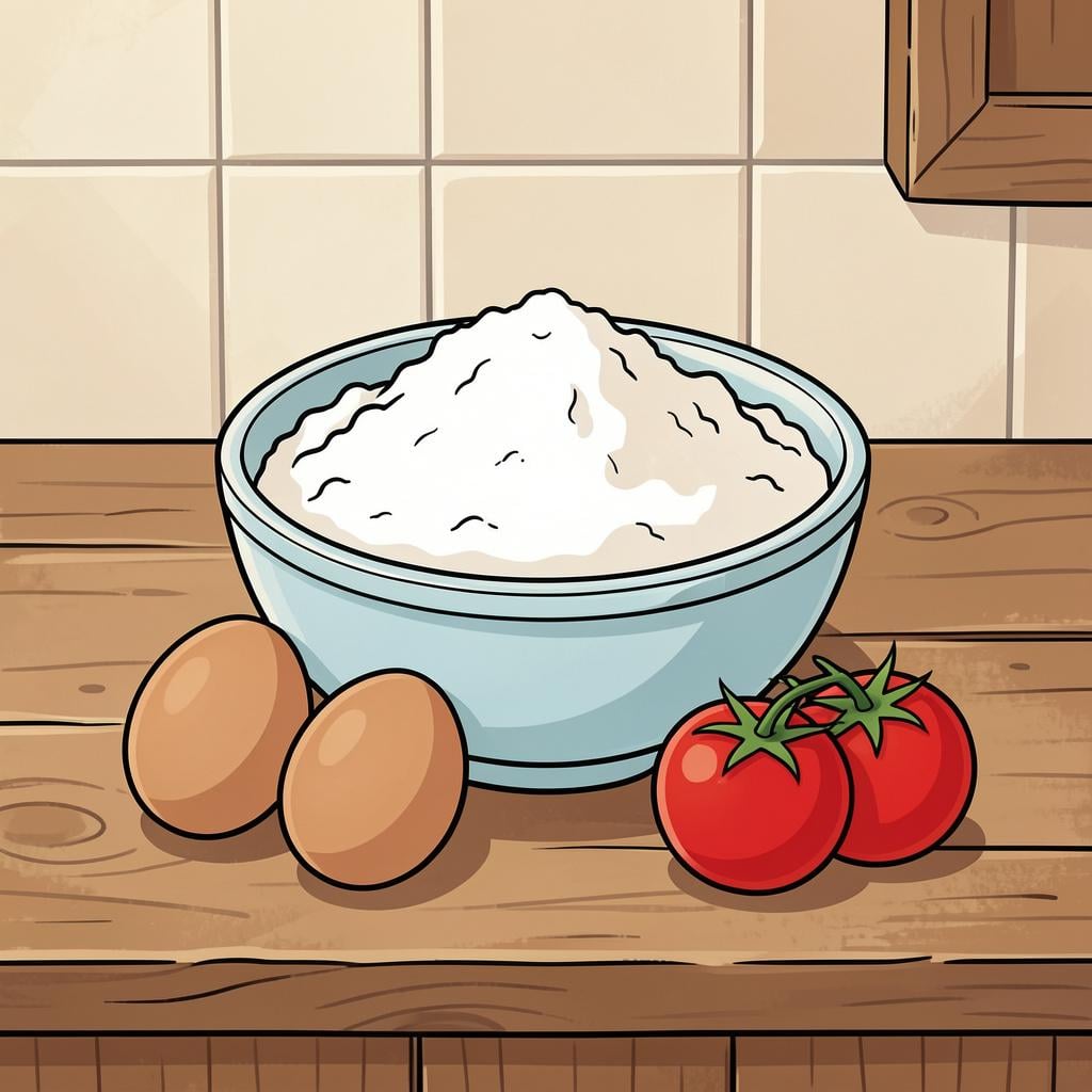 A collection of fresh food items like flour, eggs, and tomatoes on a wooden table.