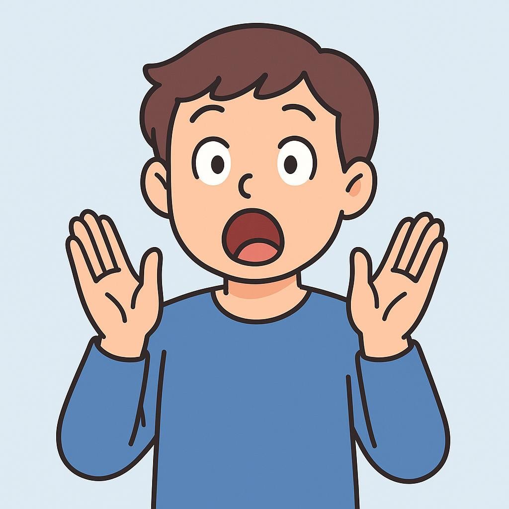 A colorful illustration of a person expressing intense shock or surprise, with wide eyes and their mouth wide open in astonishment, holding their hands up near their face.