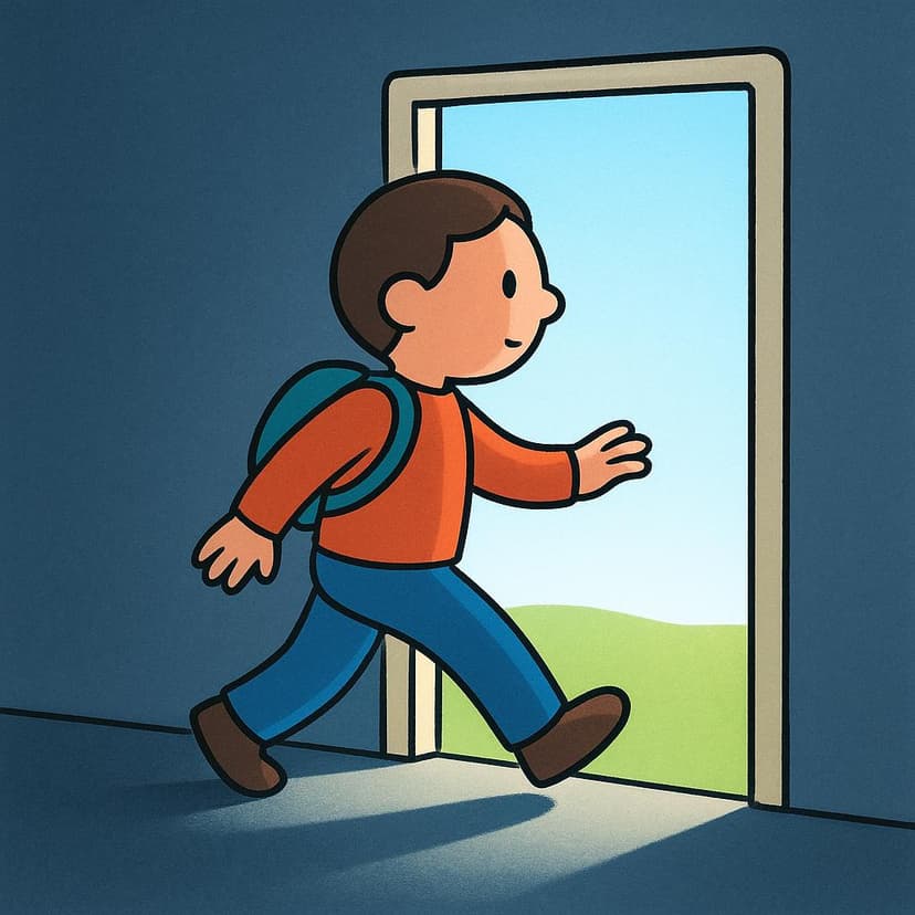 A stylized figure is shown stepping across the threshold of a simple wooden doorway, moving from a darker interior space into a bright, colorful exterior, symbolizing departure.