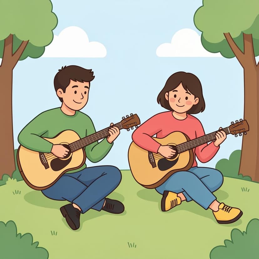 Un gruppo di persone sedute insieme e che suonano chitarre acustiche.
