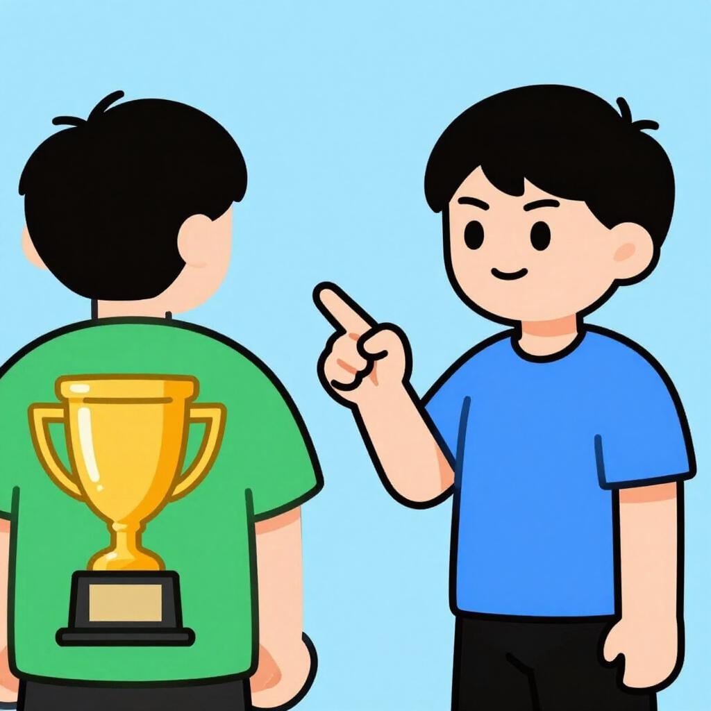 A person pointing a finger at another person who is hiding a stolen object behind their back.