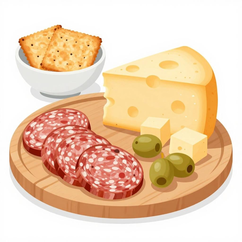 A wooden board topped with various meats, cubes of cheese, and olives.