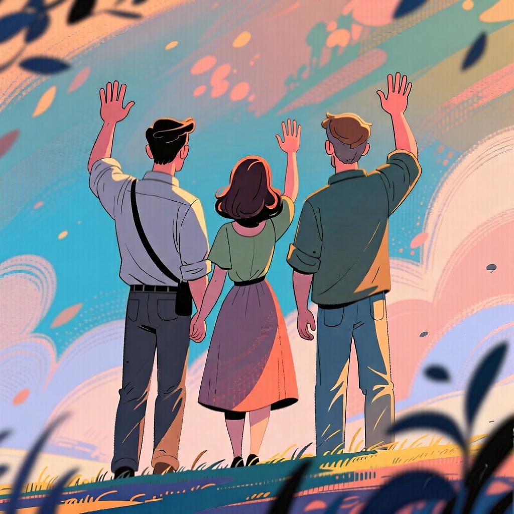 Um grupo diverso de três amigos, dois homens e uma mulher, acenando à distância, representando o pronome espanhol 'ellos' (eles).