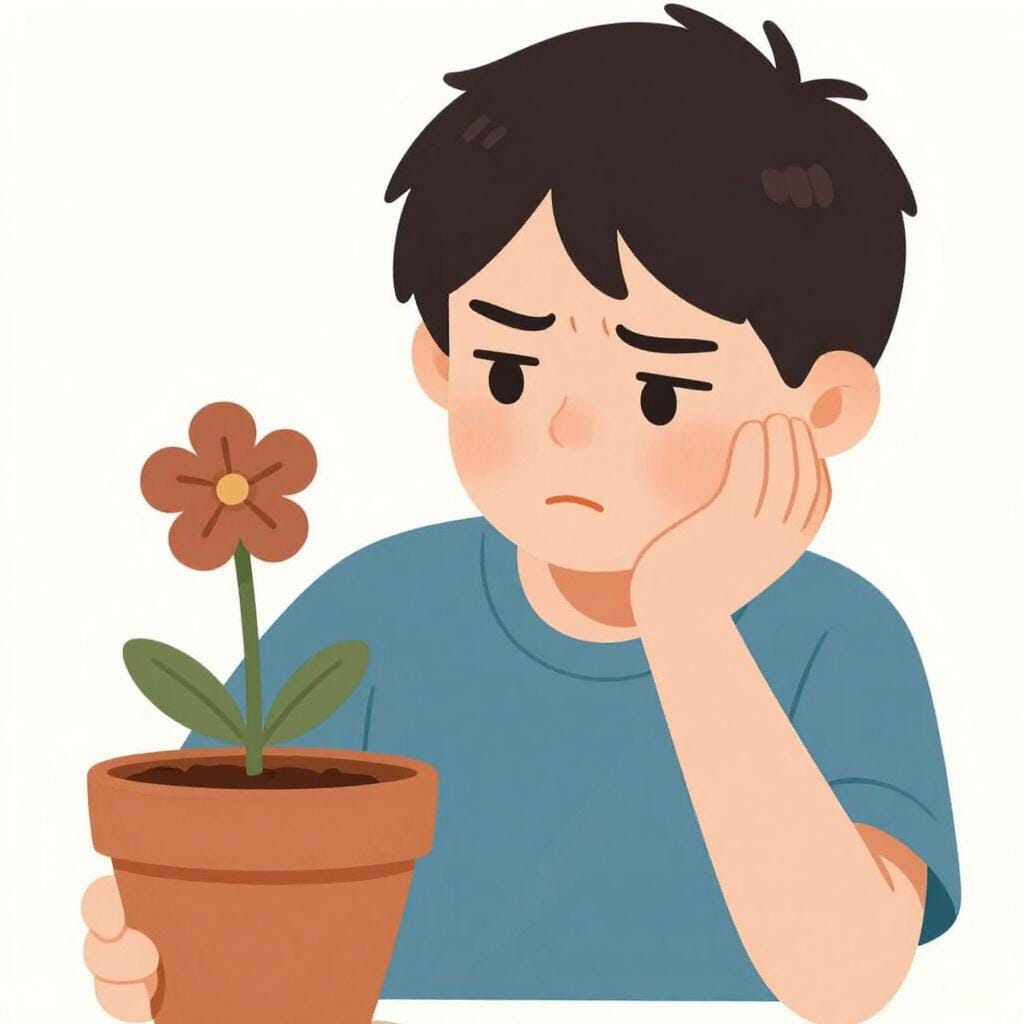 A person looking concerned while standing over a drooping, wilting plant in a pot.