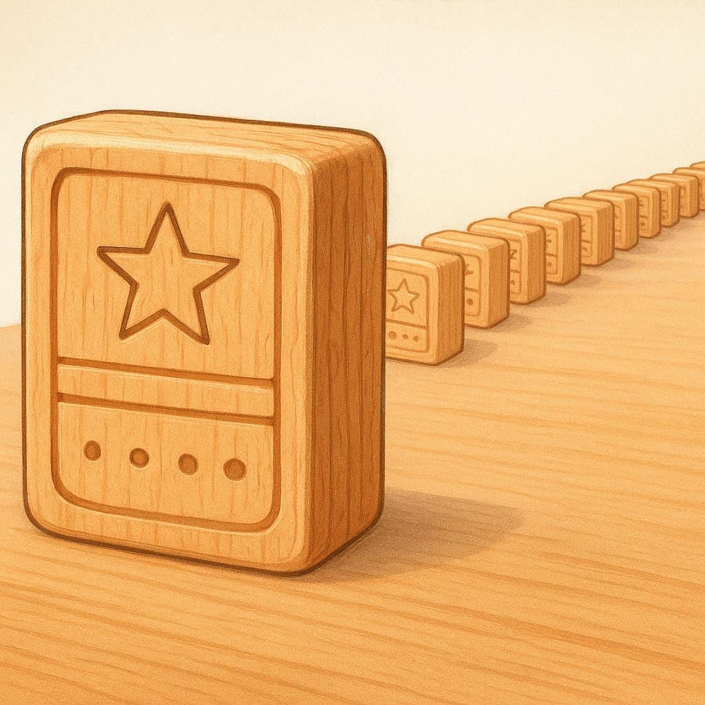 A storybook illustration showing a single, large carved wooden block positioned separately and prominently before a long line of smaller, identical wooden blocks.