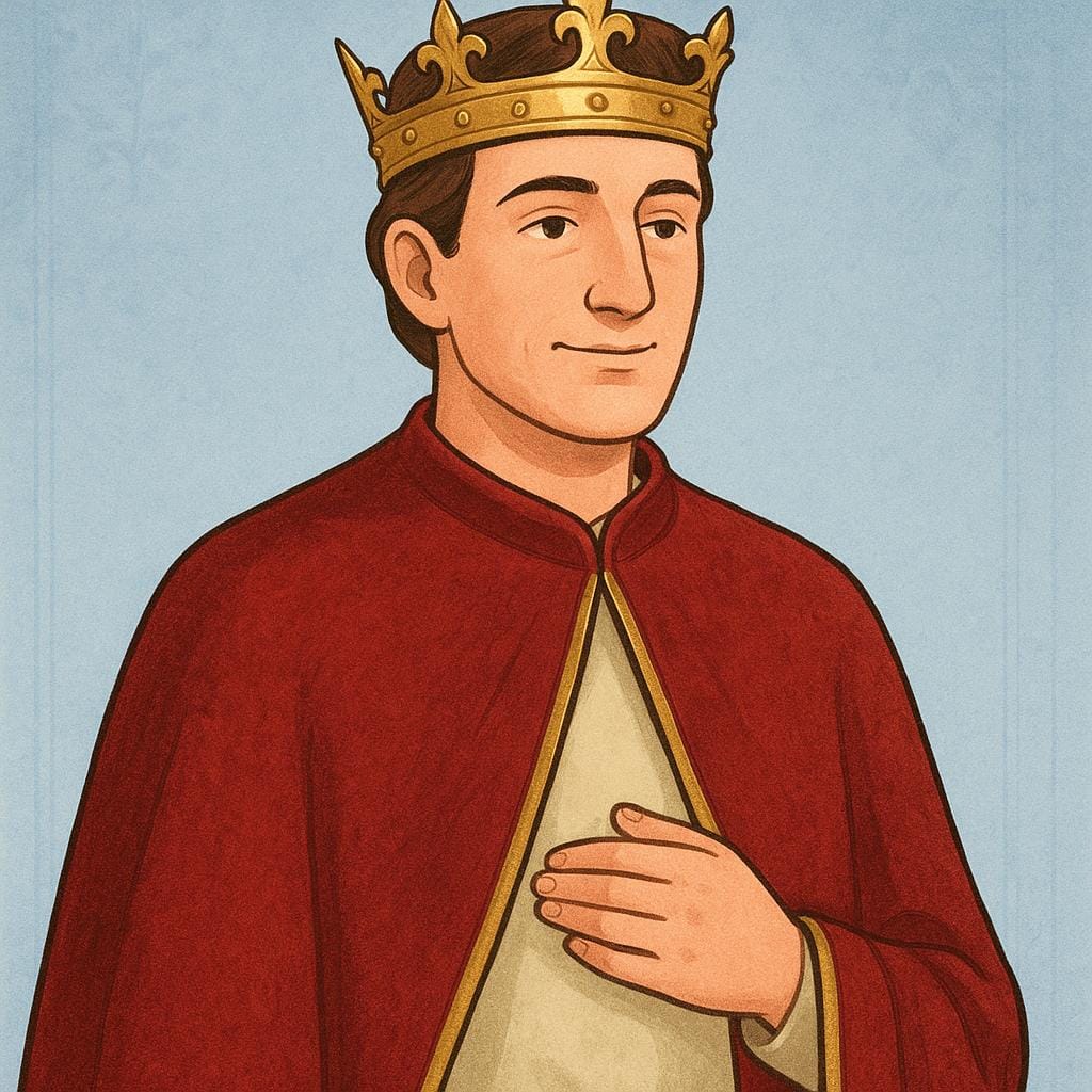 Une illustration de livre d'histoires colorée d'un duc, un homme digne portant un manteau de velours rouge et une couronne ducale dorée.