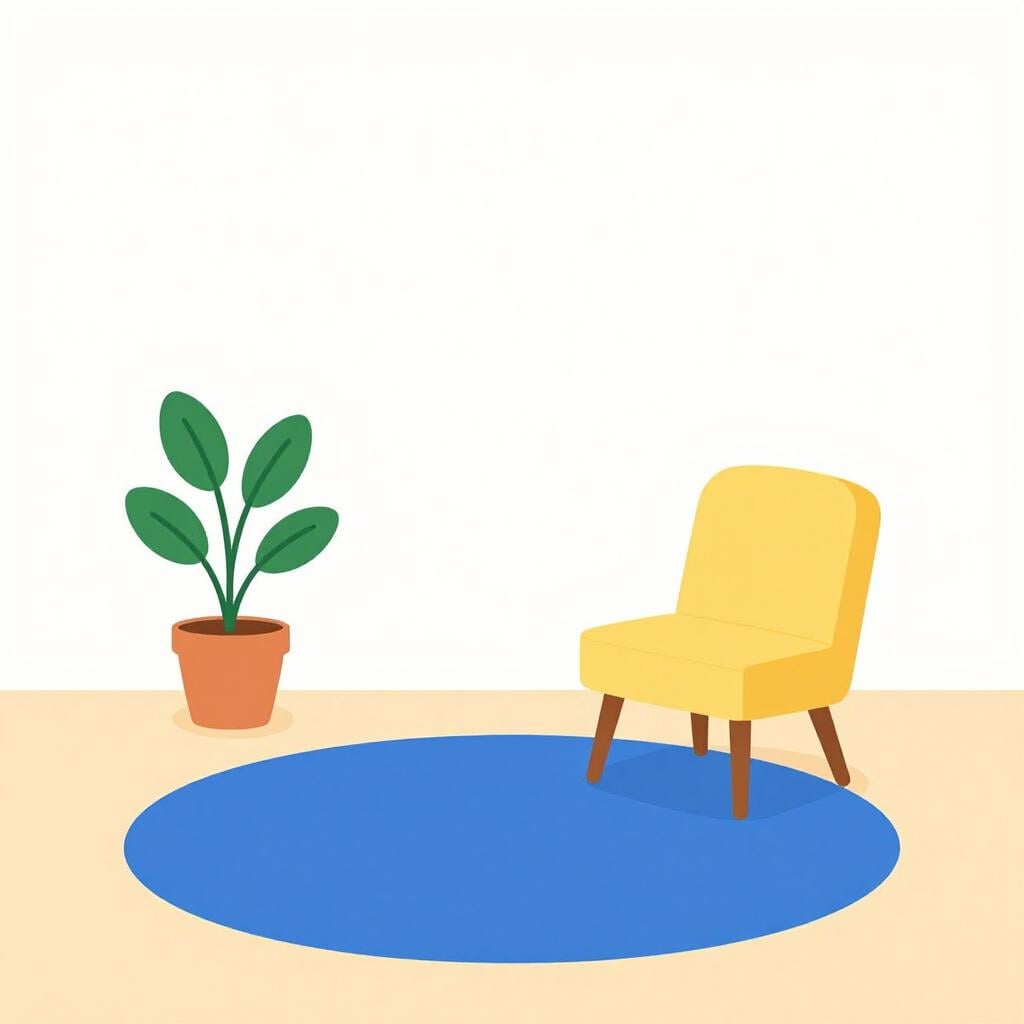 A modern and minimalist living room with clean lines, pastel colors, and a single green plant.