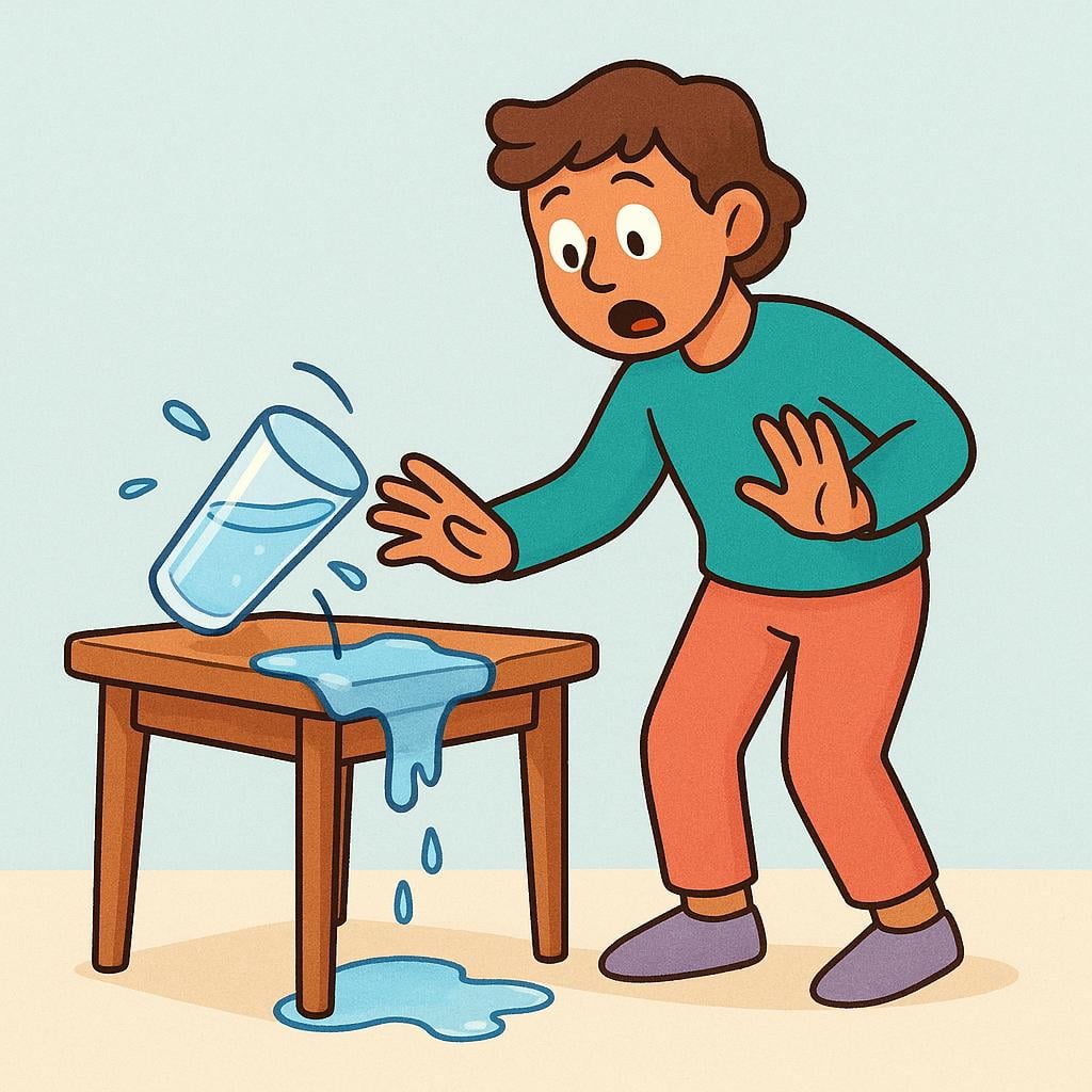 A person looking startled as they accidentally knock over a tall glass of water, causing the water to spill onto the floor.