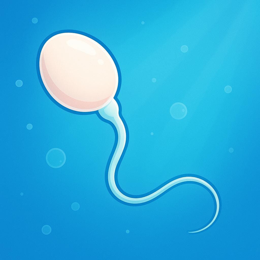 Un'illustrazione microscopica di un singolo spermatozoo umano, che mostra chiaramente la testa grande e la coda lunga e frusta, su uno sfondo blu semplificato.