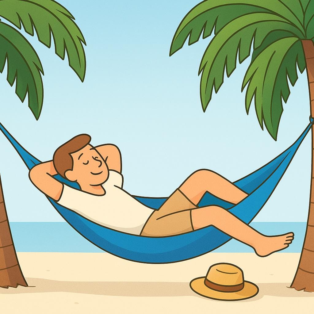 A person is lying down peacefully in a brightly colored hammock strung between two trees, illustrating the concept of rest.