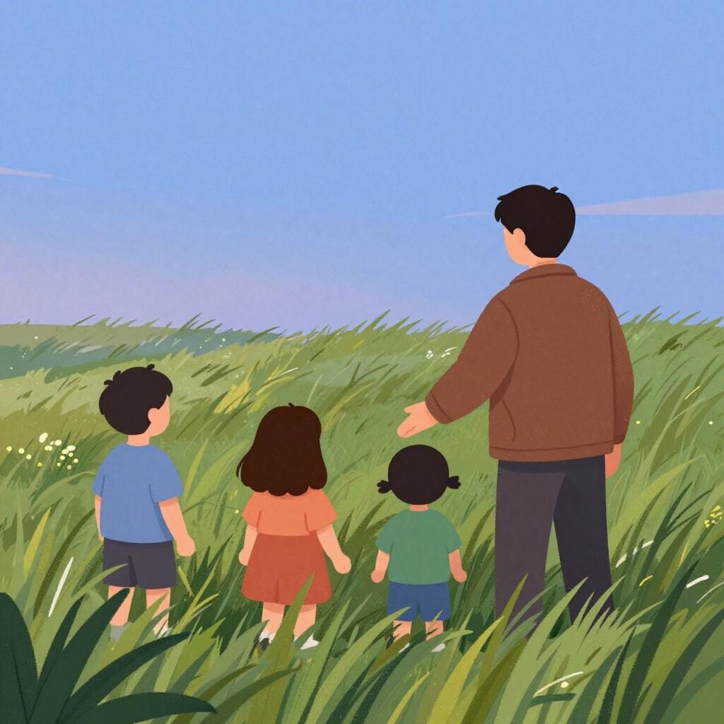 A person in a dark jacket leading a group of people through a brushy field at dusk.