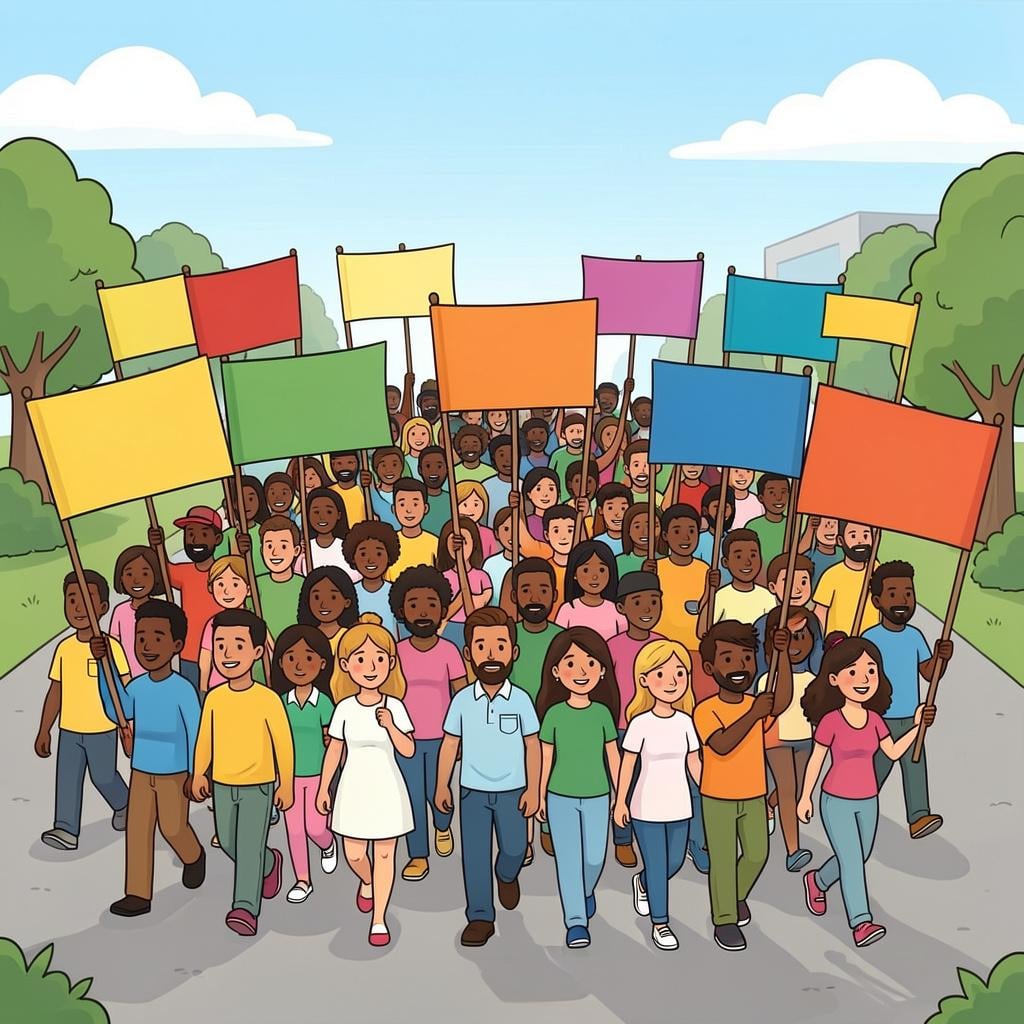 A large group of diverse people marching together holding colorful banners and flags in a peaceful protest.