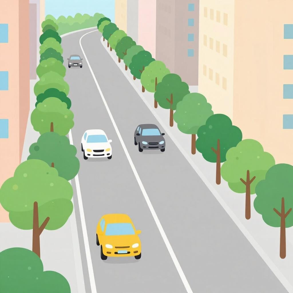 A high-quality illustration of a busy multi-lane city road filled with colorful cars.