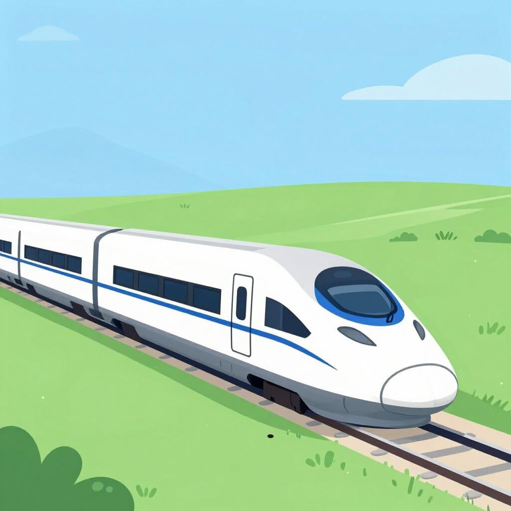 A sleek modern high-speed train zooming across a green landscape.