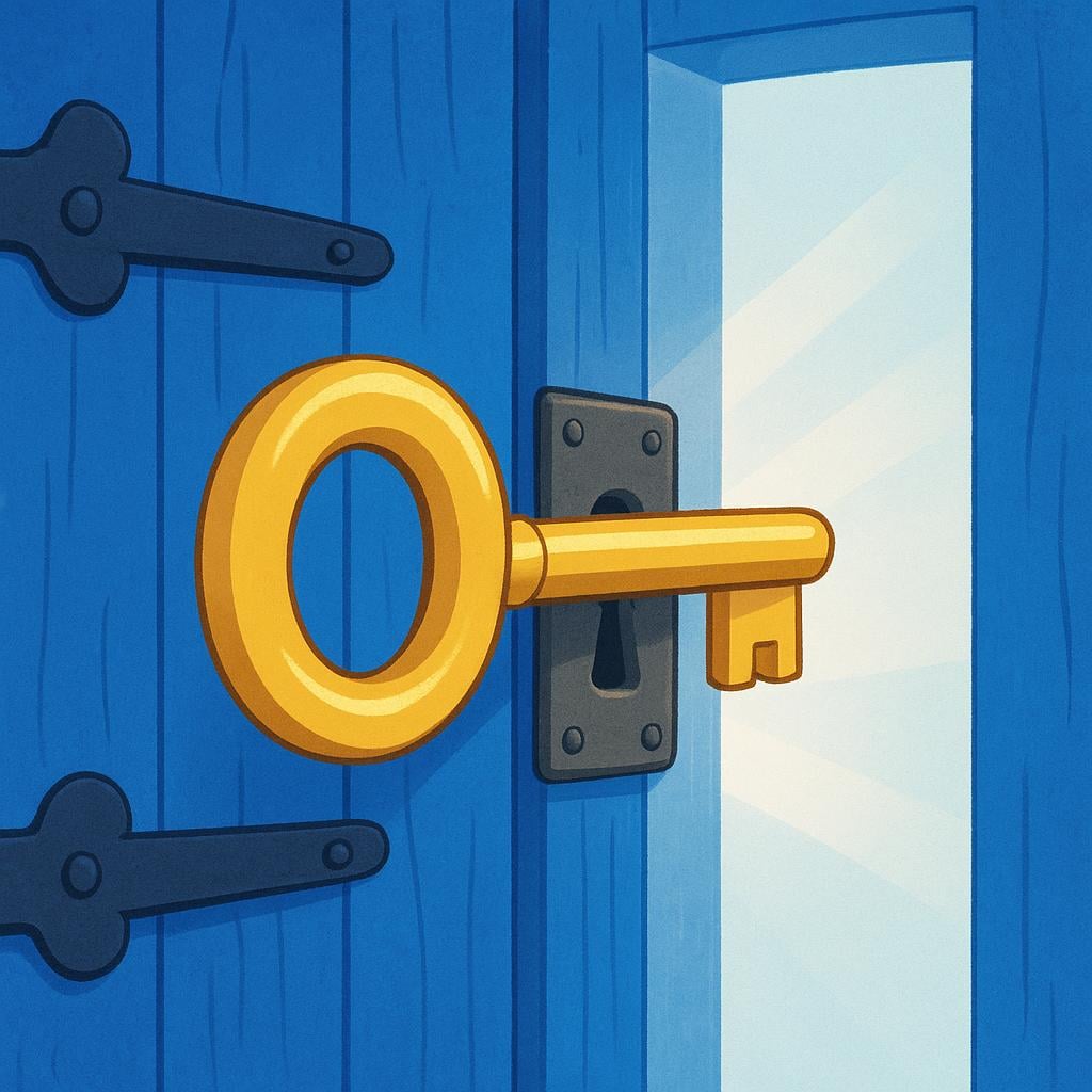 A large, shiny brass key is inserted into the lock of a heavy, blue wooden door. The door is slightly ajar, revealing bright light inside, symbolizing access or permission.