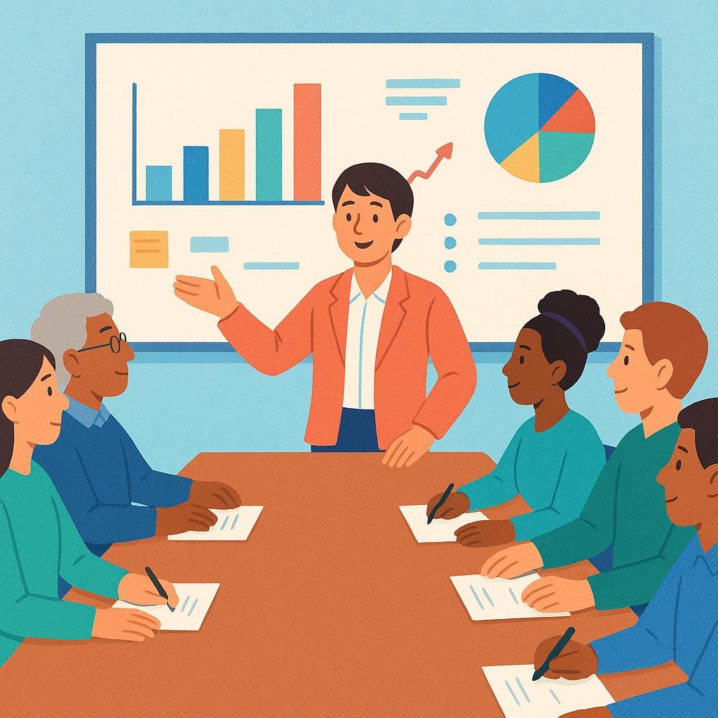 A person in a professional suit standing at the front of a large meeting table, gesturing toward a colorful project board while a team looks on.