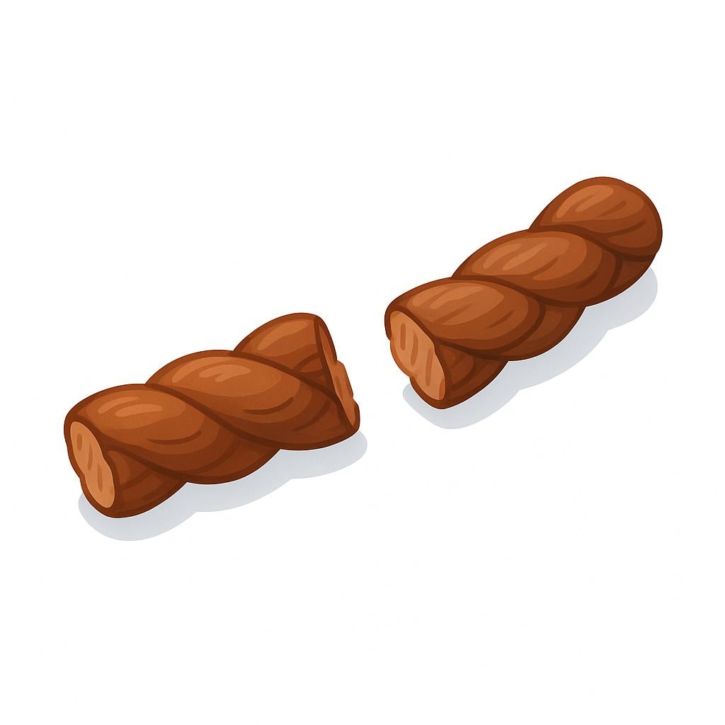 A thick piece of brown rope that has been cleanly cut into two distinct pieces, lying on a wooden surface, illustrating the result of an action.