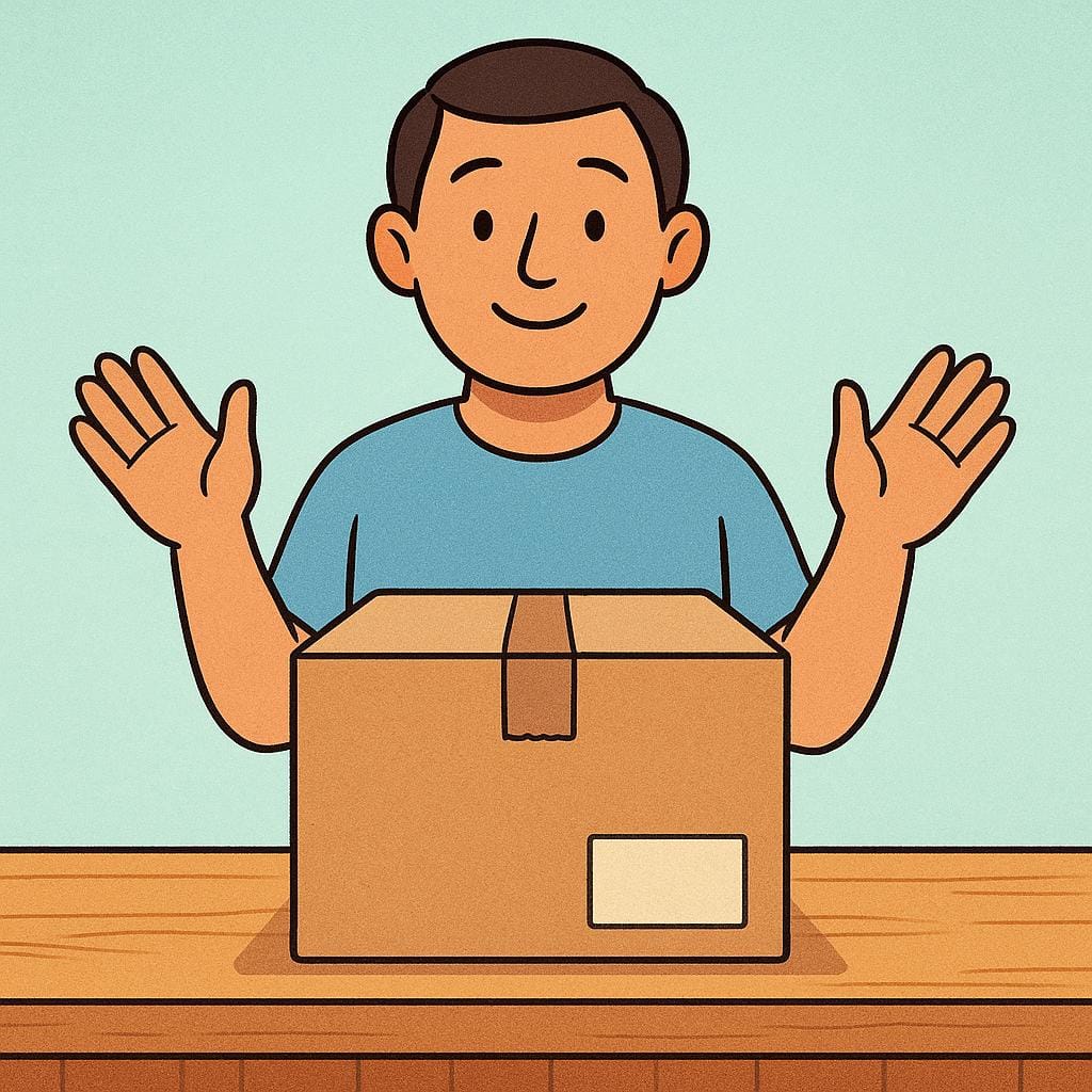 A figure standing behind a simple counter with both hands raised and open, indicating a gesture of non-involvement or relinquishing responsibility for a large, closed box resting on the customer side of the counter.