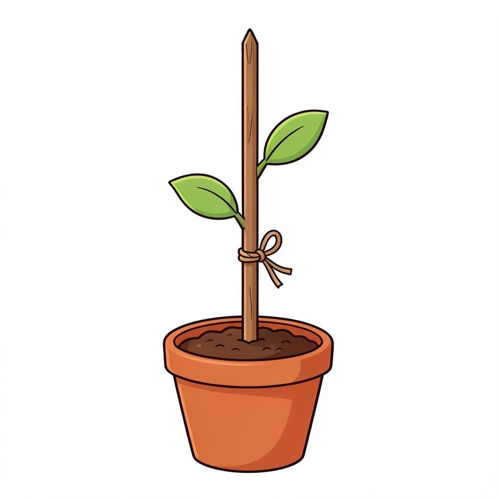 A small green plant tied to a straight wooden stick for support.